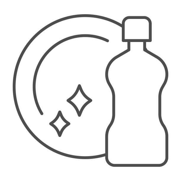洗洁精瓶和清洁盘的细线图标，清洁服务理念，洗碗液和盘的白色背景标志，卫生盘与清洁剂图标轮廓风格。矢量图形。图片下载