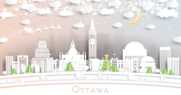 剪纸风格的加拿大渥太华城市天际线与雪花，月亮和霓虹灯花环。图片下载