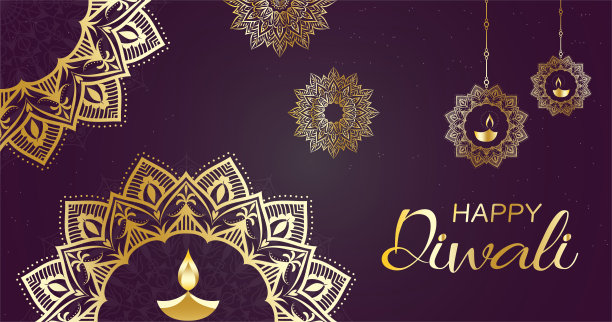 快乐的排灯节的灯，色彩丰富的背景装饰迪亚灯和莲花。图片下载