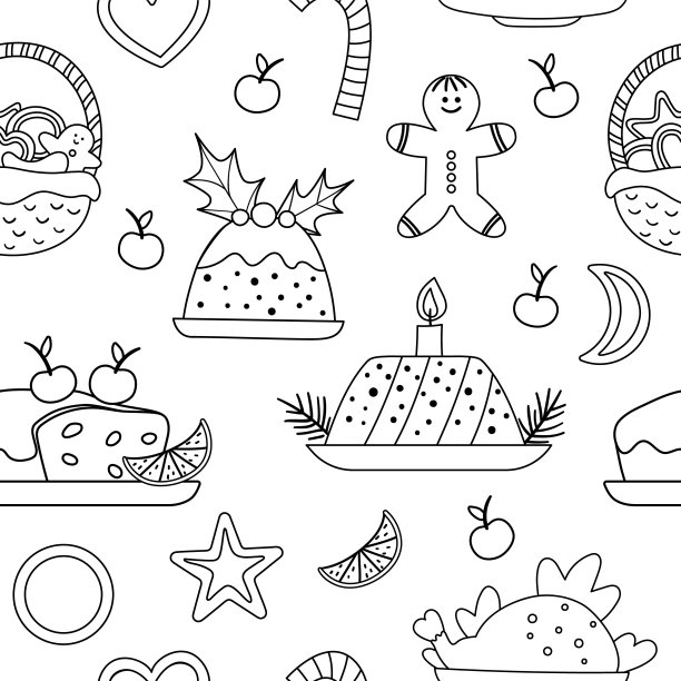 矢量黑白无缝图案与传统圣诞甜点和菜肴。可爱有趣的台词重复背景年夜饭。数码纸配冬季食品。图片下载