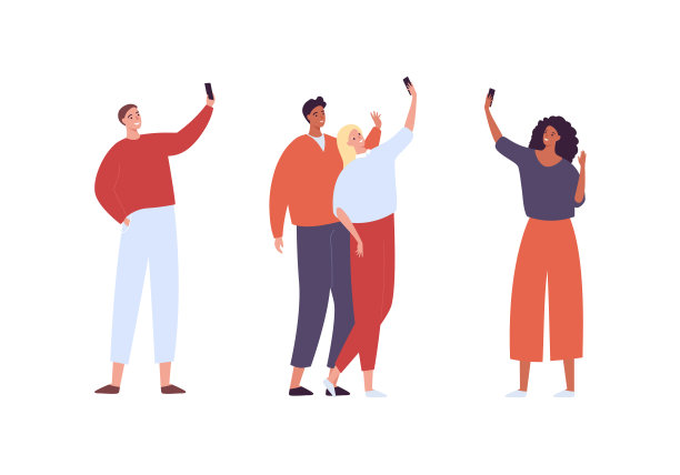 社交媒体博客的生活理念。矢量平面人现代插图。一群微笑的多民族男女站着，拿着智能手机，自拍。设计元素的旗帜，网页图片下载