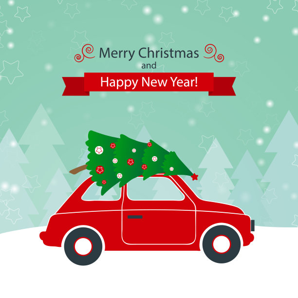 圣诞和新年贺卡的卡通风格。红色汽车和圣诞树在冬天的背景。图片下载