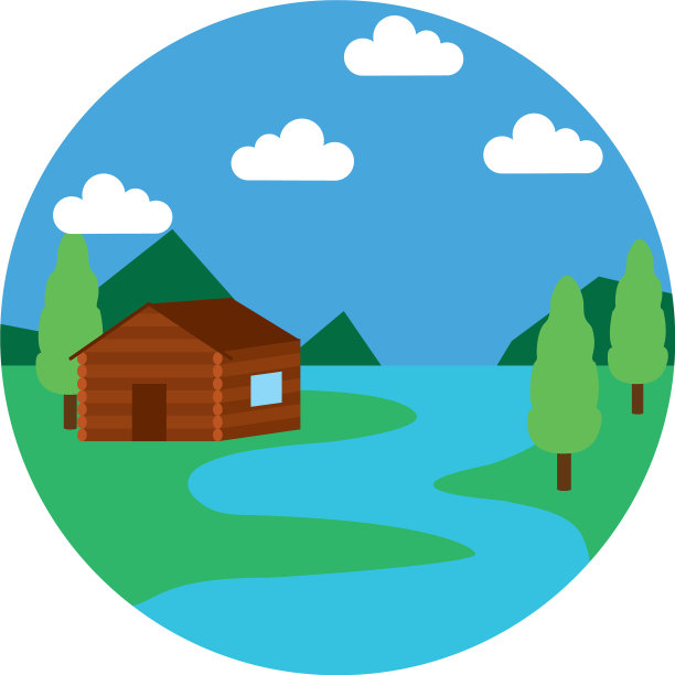 河流和木屋景观图标扁平化风格图片下载