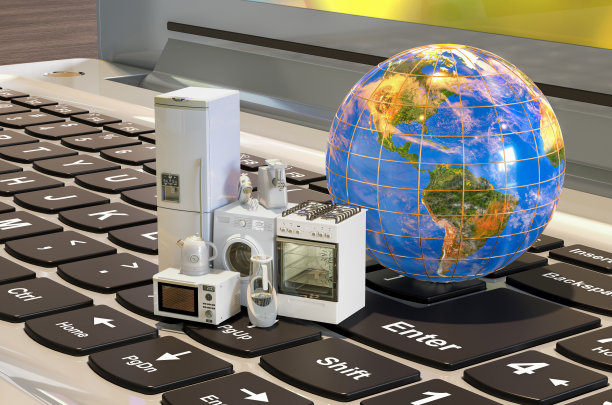 全球网上购物概念。配有厨房和家用电器的笔记本键盘。三维渲染图片下载