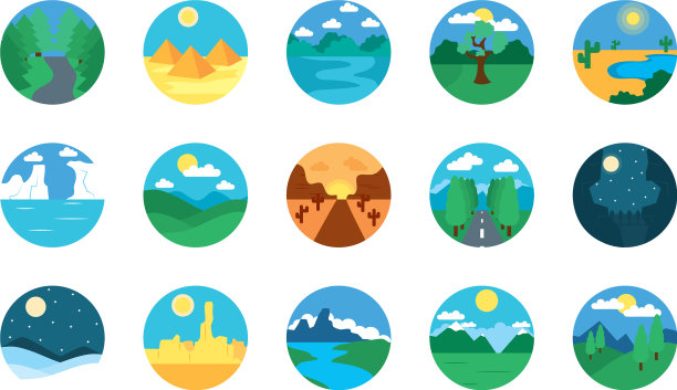 沙漠和风景图标设置平坦风格图片下载