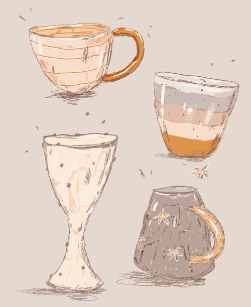 一套可爱的图画，各种各样的杯子和碗。图片下载