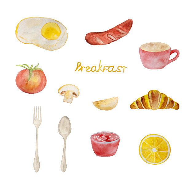 一套水彩元素热早餐，炒鸡蛋，香肠，咖啡杯，番茄，蘑菇，土豆片，羊角面包，叉子，勺子，果酱，橙子片图片下载