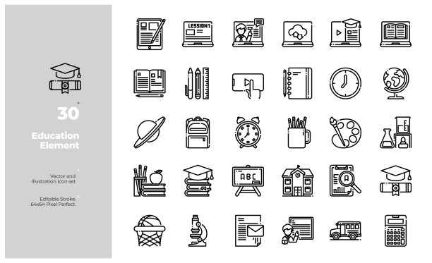 教育和学校材料的矢量线图标集。可编辑的中风。图片下载