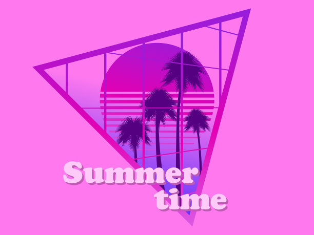 80年代复古科幻棕榈树在日落复古图片下载