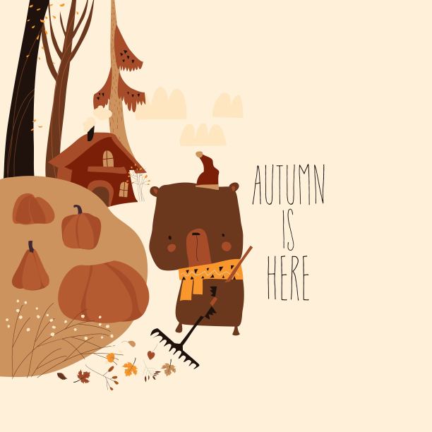 可爱的卡通熊在院子里摘树叶图片下载