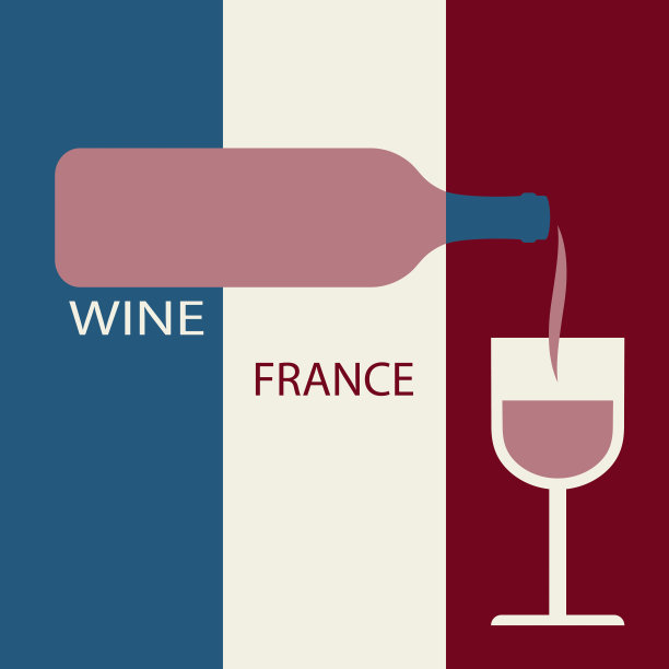 矢量插图与一瓶法国葡萄酒和一个葡萄酒杯在Fraetsuz旗的背景图片下载