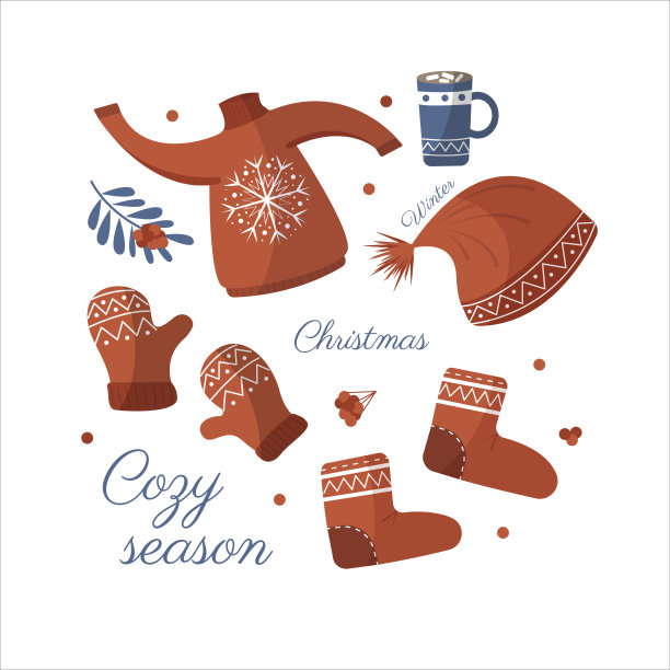 收集冬装。羊毛衫，袜子，帽子，可可杯，手套，鞋子，圣诞装饰品。冬天的元素。圣诞明信片图片下载