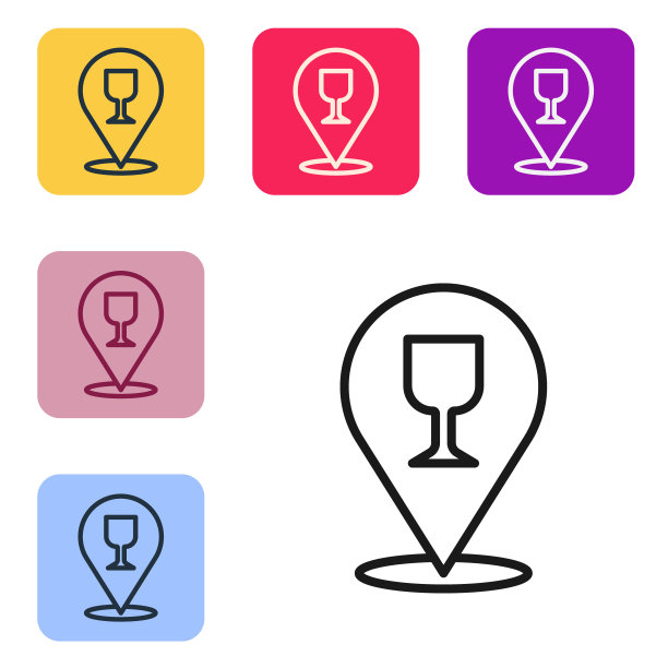 黑线酒精或啤酒吧位置图标孤立在白色背景上。象征着饮酒，酒吧，俱乐部，酒吧。设置图标的颜色方形按钮。矢量图图片下载