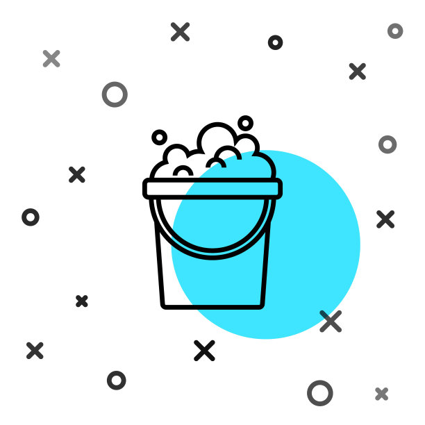 黑线桶与肥皂泡沫图标隔离在白色背景。碗水。洗衣服，清洁设备。随机动态形状。向量图片下载