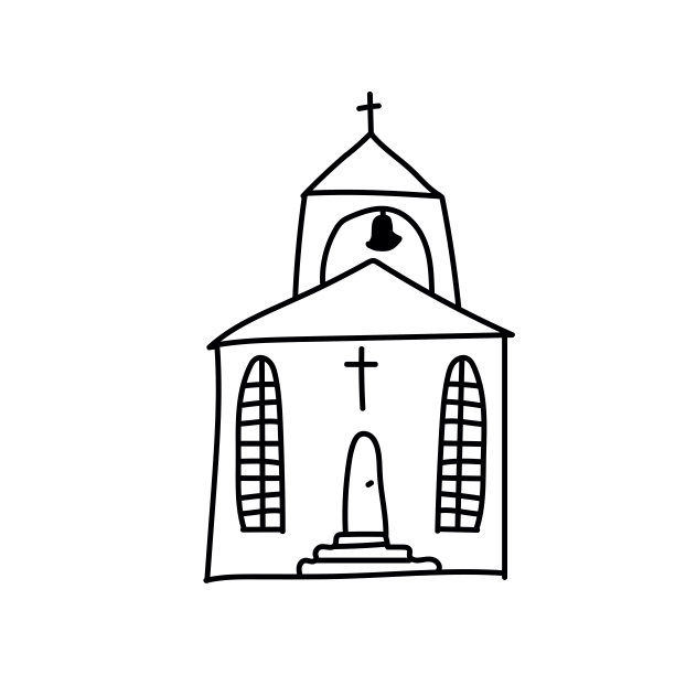 教堂卡通矢量和插图，黑白，手绘，素描风格，孤立在白色背景图片下载