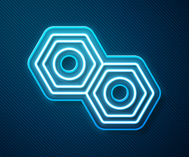 发光氖气线六角形金属螺母图标孤立在蓝色背景。矢量图图片下载