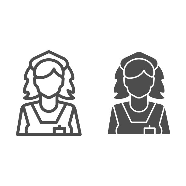 清洁女工线和固体图标，清洁服务概念，女佣标志在白色背景，客房服务员图标轮廓风格的移动概念和网页设计。矢量图形。图片下载