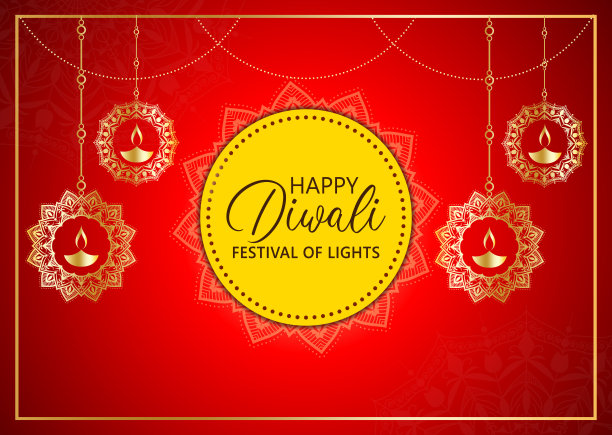 快乐的排灯节的灯，色彩丰富的背景装饰迪亚灯和莲花。图片下载