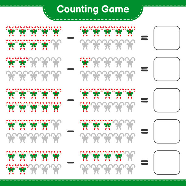 数数游戏，用丝带数出拐杖糖的数量并写出结果。教育儿童游戏，可打印的工作表，矢量插图图片下载