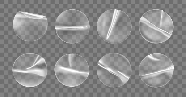 透明圆形不干胶贴纸模拟设置隔离在透明背景上。塑料皱褶圆粘标签具有胶合效果。标签或价格标签的模板。3d现实的矢量模型图片下载