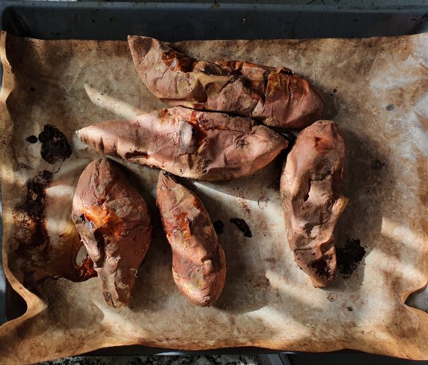 一个烤盘上有一些煮熟的红薯的细节。背景图像为主题的烹饪，食谱，食物准备在秋天的时间。图片下载