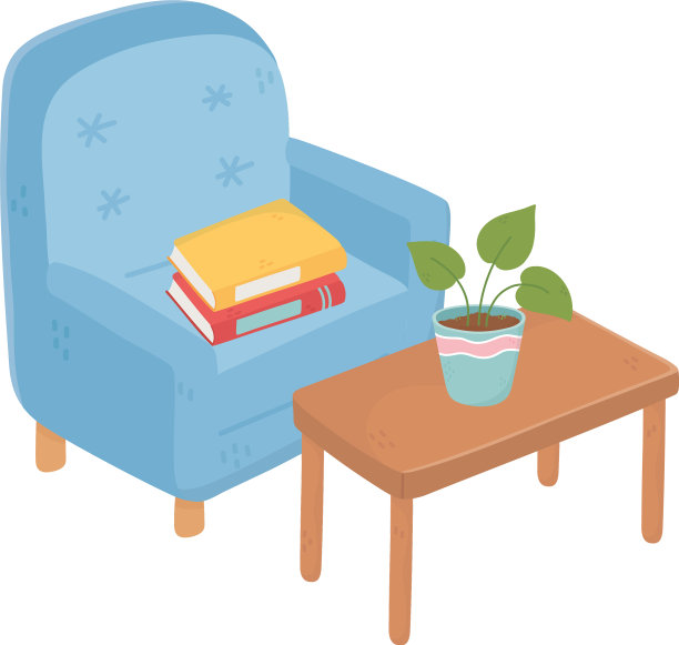 甜美的家扶手椅与书籍，盆栽植物上图片下载