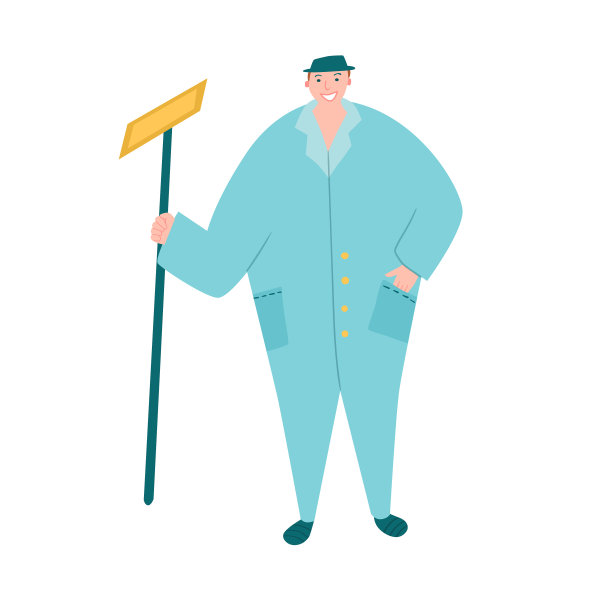 清洁工穿着拖把站在工作服上图片下载