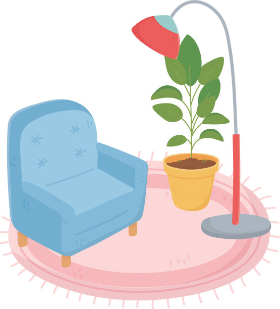 温馨的家，扶手椅、落地灯、植物和地毯图片下载