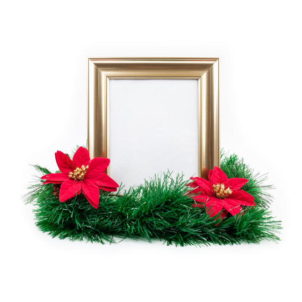 金色的圣诞相框与装饰在白色的背景图片下载