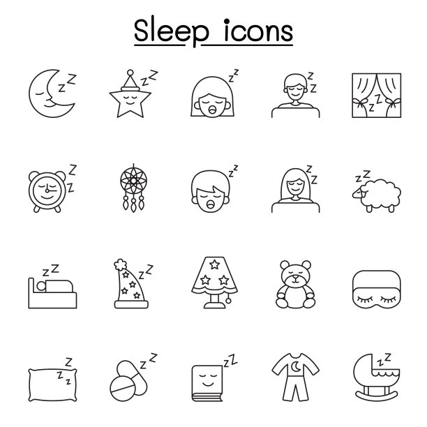 睡眠图标设置在细线风格图片下载