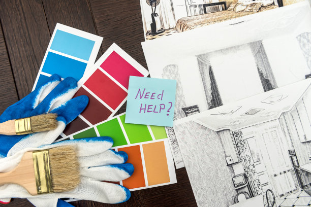 贴有家庭公寓平面图和房屋装修颜色目录的贴纸。设计装饰你的梦想图片下载