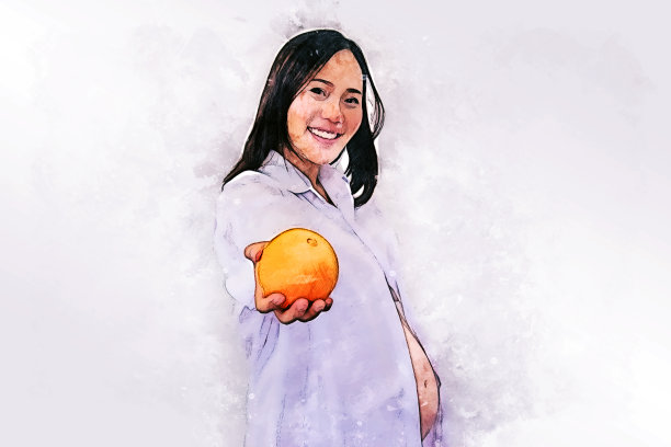 摘要七彩孕妇抱着水果吃着滋养子宫的水彩画插画背景。图片下载