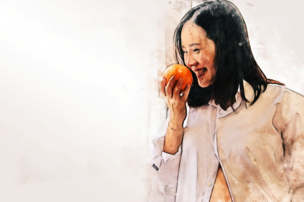 摘要七彩孕妇抱着水果吃着滋养子宫的水彩画插画背景。图片下载