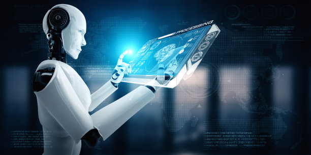 仿人机器人使用手机或平板电脑的AI思维大脑的概念图片下载