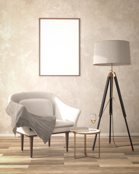 彩色的客厅内部模型，一个空的相框(70x100cm)，扶手椅，落地灯，边桌，一杯白葡萄酒和一本书。三维渲染图片下载