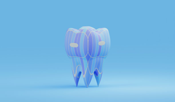 蓝色背景上的彩色装饰臼齿。摘要创新牙科保健理念。三维渲染图片下载