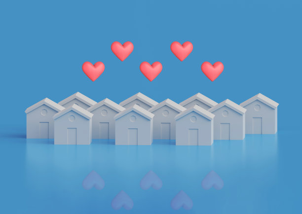 许多屋顶上有心形的白色房屋，心爱的家庭住宅概念，家乡城市，3d插图图片下载