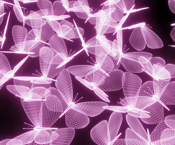 一群飞舞的蝴蝶，抽象霓虹多边形的几何蝴蝶组成的线条。线框技术结构。发光的多边形几何。三维渲染图片下载