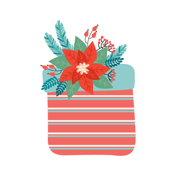 带蝴蝶结的礼物是用圣诞花卉元素装饰的。圣诞快乐，新年快乐。一品红，针叶，花，叶，浆果。时尚复古的风格。设计元素。手绘插图图片下载