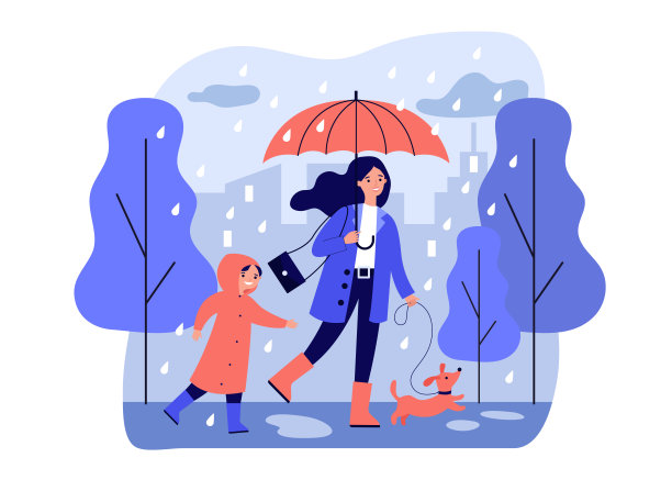 快乐的妈妈在雨天带着狗和儿子散步图片下载