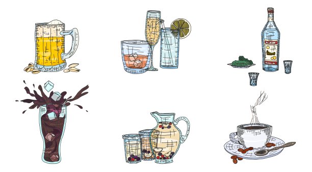 酒精饮料和简单饮料。可乐果汁和啤酒图片下载