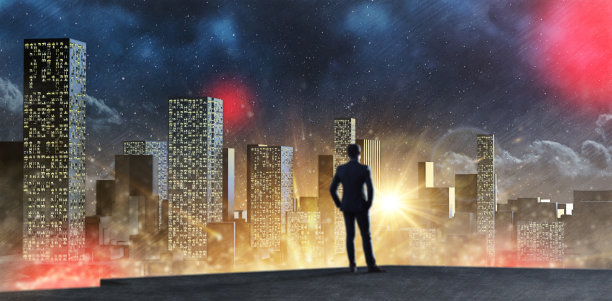 纽约市的夜晚。大城市缤纷的夜晚灯光带着商人迷离。未来大城市纽约的概念。市场营销和商业技术背景。三维渲染图片下载