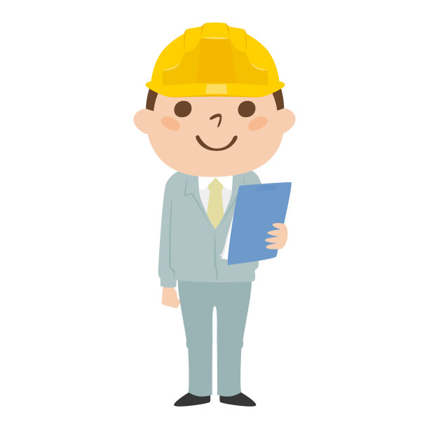 一个男性建筑工人的插图。工作服和安全帽。一个拿着材料站着的人。图片下载