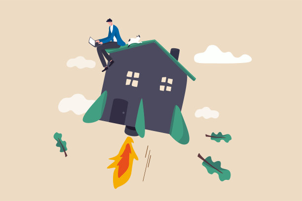 提高在家工作的效率，在COVID-19锁定概念中提高在家工作效率的动机，在带火箭助推器的飞行房子上使用电脑笔记本电脑的多产的工人。图片下载