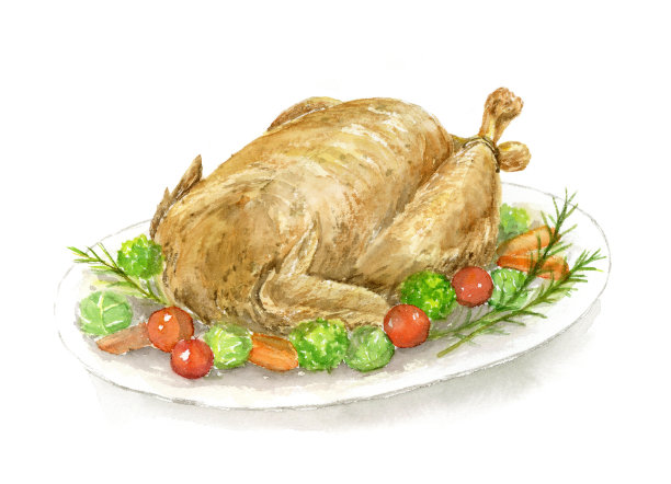 烤鸡的水彩插图。图片下载