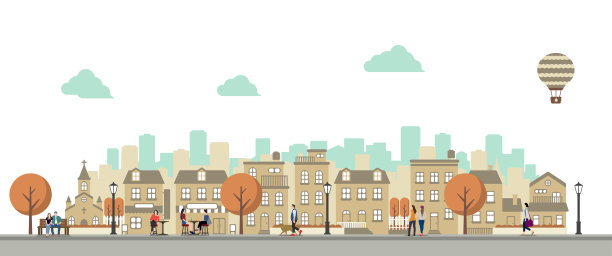 现代城市/城镇街道平面矢量插图(日常生活中的人)图片下载