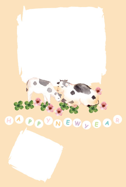 水彩画牛家贺年卡图片下载