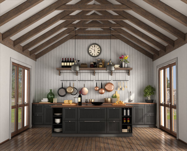 带有木质屋顶桁架的复古风格厨房图片下载