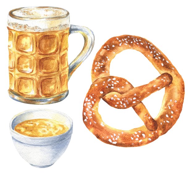 手绘水彩椒盐卷与啤酒孤立的白色背景。德国特色，啤酒节美食插图。图片下载