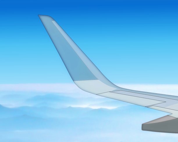 飞机机翼的蓝色调。飞机的一部分，天空是多云的蓝色。图片下载